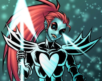 May include: A digital illustration of a blue-skinned character with red hair, wearing a black and blue outfit with a large heart-shaped chest piece. The character is holding a glowing blue spear with a white arrowhead. The background is a dark blue with white sparkles.
