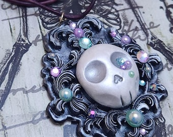 Gothic Baroque frame Memento Mori Skull Pendant Necklace in Silver with Pastel purple and Mint Gems