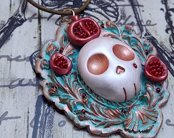 Gothic Baroque frame Memento Mori Skull Pendant Necklace in Copper or Rose Gold Mint Patina with Pomegranates