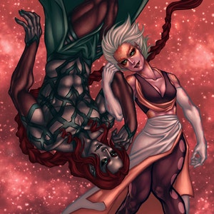 May include: A pair of figures, one with red hair and green eyes, the other with white hair and green eyes, are suspended in a red and pink starry sky. The figure with red hair is wearing a green and black patterned outfit, while the figure with white hair is wearing a white and orange outfit with polka dots.
