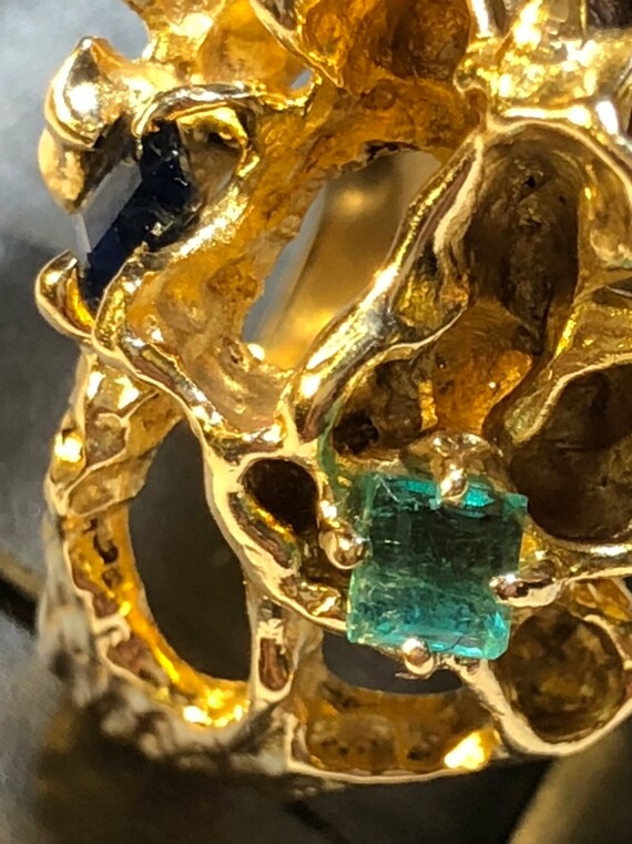 Sapphire Emerald Abstract Free Form Brutalist Retro Ring 14K