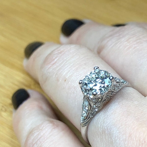 GIA 5151289418 Solitaire Diamond Platinum Edwardian Filigree Engagement Ring, US Sz 6.5
