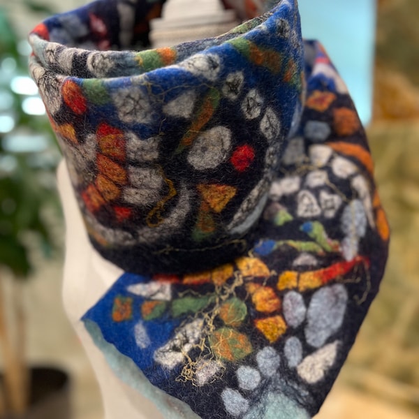 Nuno Felt Art-to-wear Scarf/Wrap “Wool Mosaic” Merino Wool Chiffon, Dimensions 14x74”, Handmade by LK_ART