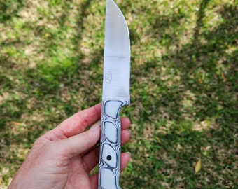 Vegetable Knife Made With D2 Steel With Black & White G10 Handle And A Kydex Cover.