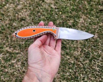 Bird And Trout Knife Made With D2 Steel With Orange, Black & White Ultrex G10 Handle And A Kydex Sheath.  Great Knife For Camping, Fishing