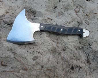 Fireman Style Hatchet Made Of 80CrV2 Steel With Black & Earth G10 Handles And A Handmade Leather Sheath