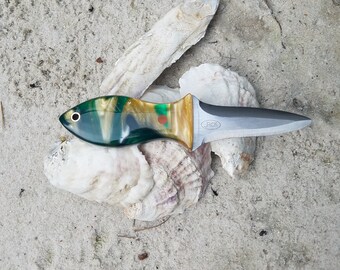 Oyster Knife Made Of CPM154 Steel With A Emerald Abalone Acrylic Handles And A Kydex Neck Sheath.