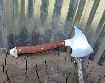 Fireman Style Hatchet Made Of 80CrV2 Steel With Bubinga Wood Handles And A Handmade Leather Sheath