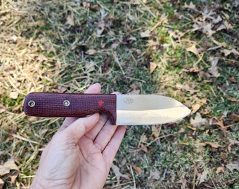 Camp Knife Made From CPM-D2 Steel With Firedog Burlap Micarta Handle And A Handmade Leather Sheath
