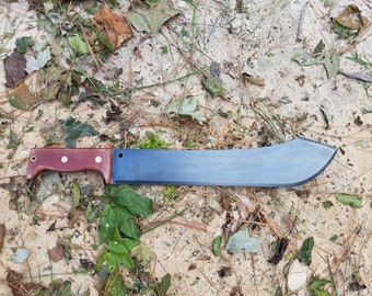 Machete/Bolo Made From 8670 Steel, Cold Blued,  Firedog Burlap Micarta Handle And A Handmade Leather Sheath