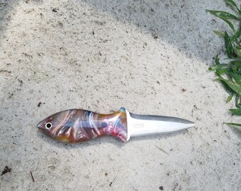 Oyster Knife Made Of CPM154 Steel With Abalone Acrylic Handles And A Kydex Neck Sheath