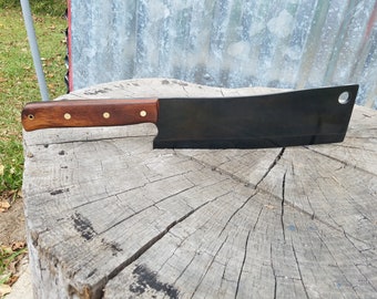 Meat Cleaver Made With 52100 Steel, Cold Blued With A Goncalo Alves Wood Handle And A Kydex Cover