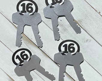 Puede incluir: Cuatro llaveros de color plateado con círculos negros y el número "16" impreso en blanco. Los llaveros están dispuestos sobre una superficie de madera blanca.