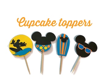 Beach birthday cupcake toppers,Hawaii birthday cake topper, mickey surf cake topper,surfboard cake topper, pool party birthday