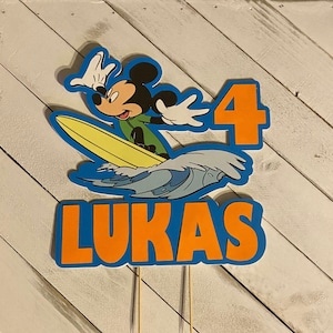 Beach birthday cake topper,Hawaii birthday cake topper, mickey surf cake topper,surfboard cake topper, pool party birthday, Mickey surfboard