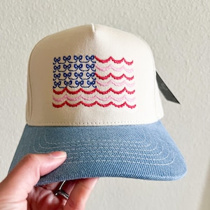 Bow Flag Hat, 4th of July Hat, Scalloped Flag Hat, Embroidered Hat, Patriotic Embroidery, Coquette 4th Of July
