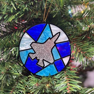 Fighter Jet Christmas Ornament – Stained Glass Military Aircraft Ornament – Jet Plane Holiday Decor – Aviation Gift for Pilot or Veteran