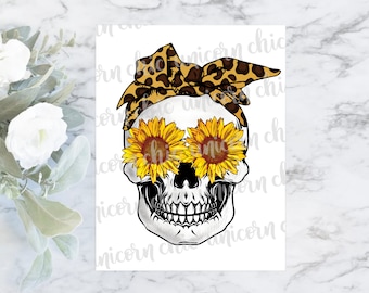 Sunflower Skull With Leopard Print Bandana Sublimation Transfer - 8.5" x 11" Transfer - Shirt Transfer - Heat Transfer - Ready To Press