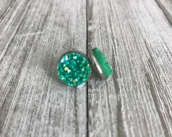 Sparkling Green and Silver Plated Faux Druzy Stud Earrings, Jewelry Gift, Gift For Her, Bridesmaid Gift, Bridal Party Jewelry, Druzy, Drusy