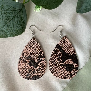 Blush & Black Snakeskin Print Textured Teardrop Dangle Earrings, Minimalist Earring, Gifts for Her, Gifts for Mom