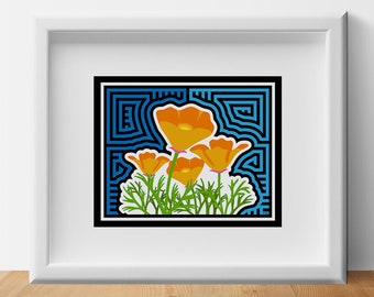 California Poppies Mola-Inspired Art Print, California State Flower Art, Orange Flowers, Floral Print, Botanical Print, Golden State