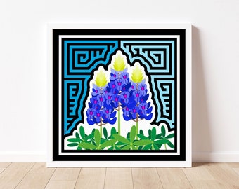 Bluebonnet Mola-Inspired Art Print, Texas State Flower Art