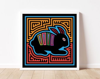 Rabbit (Conejo) Mola-Inspired Art Print, Rabbit Art, Bunny Print