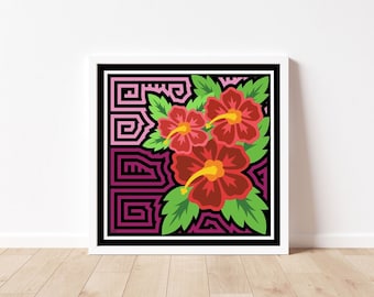 Red Hibiscus Mola-Inspired Art Print, Square Print