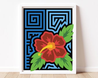 Red Hibiscus Mola-Inspired Art Print