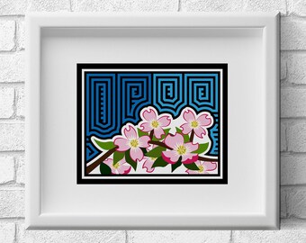 Pink Dogwood Flower Mola-Inspired Art Print, North Carolina State, Virginia State, US State flowers Art