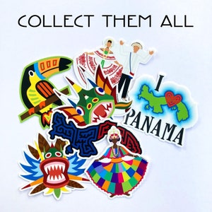 May include: A collection of colorful stickers featuring a toucan, a green monster, a map of Panama with a heart, a woman in a colorful dress, and two people in traditional clothing. The stickers say "Collect Them All" and "I Love Panama".