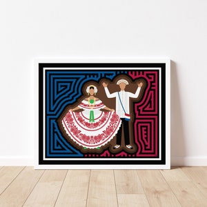 Pollera y Camisilla Santeña© Mola-Inspired Art Print, Unframed, Panamanian Art, Panamanian Dancing Couple, Panamanian Folklore