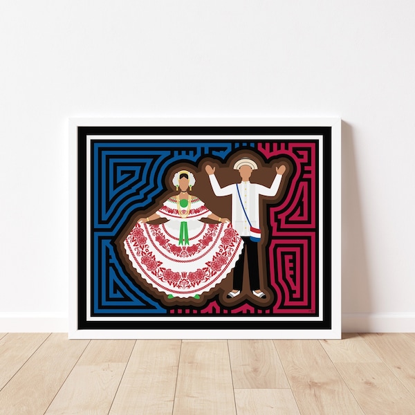 Pollera y Camisilla Santeña Mola-Inspired Art Print, Unframed, Panamanian Art, Panamanian Dancing Couple, Panamanian Folklore