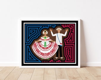 Pollera y Camisilla Santeña Mola-Inspired Art Print, Unframed, Panamanian Art, Panamanian Dancing Couple, Panamanian Folklore