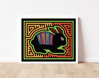 Rabbit (Conejo) Mola-Inspired Art Print, Black Rabbit Art, Bunny Print