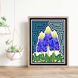 Bluebonnet Mola-Inspired Art Print, Texas State Flower Art (Portrait Orientation)