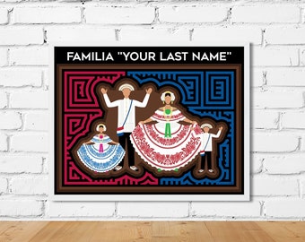 Familia Panameña con Pollera y Camisilla Santeña Mola-Inspired Art Print, Unframed, Customize with Your Last Name