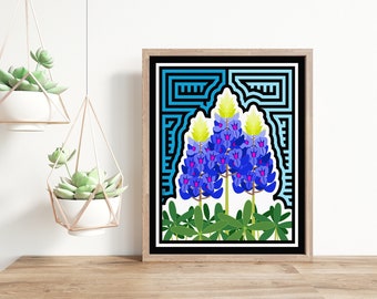 Bluebonnet Mola-Inspired Art Print, Texas State Flower Art (Portrait Orientation)