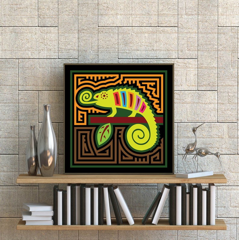 Chameleon Mola-Inspired Art Print, Abstract Chameleon Art, Camaleon, Reptile Art, Rainforest Fauna image 2