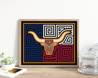 Texas Longhorn Mola-Inspired Art Print, Texas Art Print