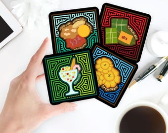 Panama Food Mola-Inspired Coasters, Comida Panameña, Panamanian Art