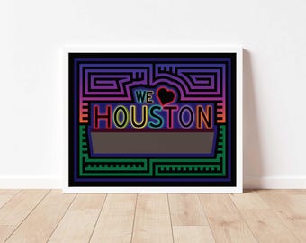 We Love Houston Sign Mola-Inspired Art Print (Nighttime), Houston Iconic Sign, Houston Landmark, Houston Architecture