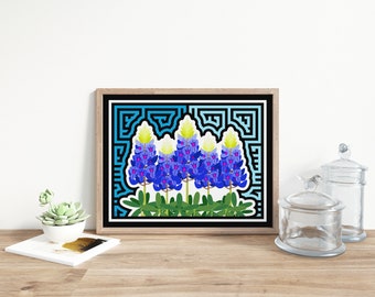 Bluebonnet Mola-Inspired Art Print, Texas State Flower Art (Landscape Orientation)