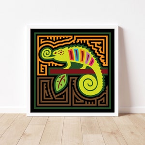Chameleon Mola-Inspired Art Print, Abstract Chameleon Art, Camaleon, Reptile Art, Rainforest Fauna