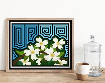 White Dogwood Flower Mola-Inspired Art Print, NC State Flower, VA State Flower