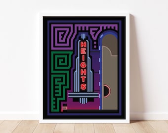 The Houston Heights Theater Neon Sign Mola-Inspired Art Print (Nighttime), Houston Landmark, Historic Theater
