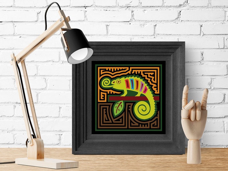 Chameleon Mola-Inspired Art Print, Abstract Chameleon Art, Camaleon, Reptile Art, Rainforest Fauna 8x8