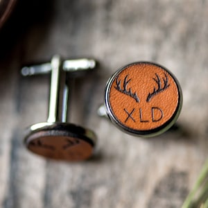 Personalized Cufflinks, Custom Leather Cufflinks, Leather Cufflinks | Antlers with initials