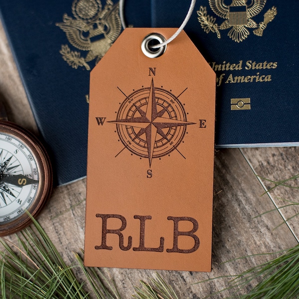 Custom Personalized Leather Luggage Tag | Compass with Initials