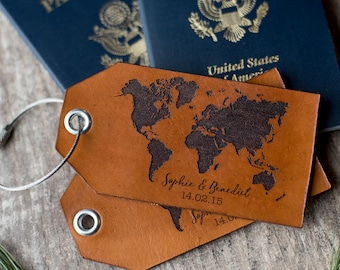 Personalized Custom Leather Luggage Tags | World Map with Names